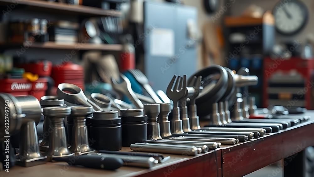 Fototapeta premium Automotive tools meticulously arranged, showcasing precision and craftsmanship in a workshop.