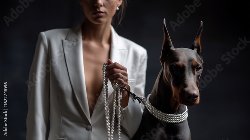 Elegant Portrait of a Woman in White with Doberman Dog Adorned with Pearls