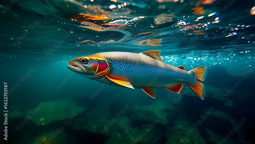 Naklejka premium Trout gliding through a clear mountain stream, sunlight creating patterns in the blue-green water.