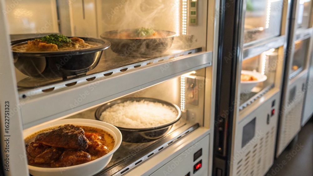 Close Up of Japanese Vending Machine with Hot Meals like Curry, Ramen, and Oden Inside Close Up of Japanese Vending Machine with Hot Meals like Curry, Ramen, and Oden Inside