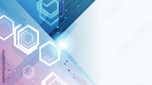 Bright abstract background with geometric hexagon shapes and light rays, leaving open white space on the right.