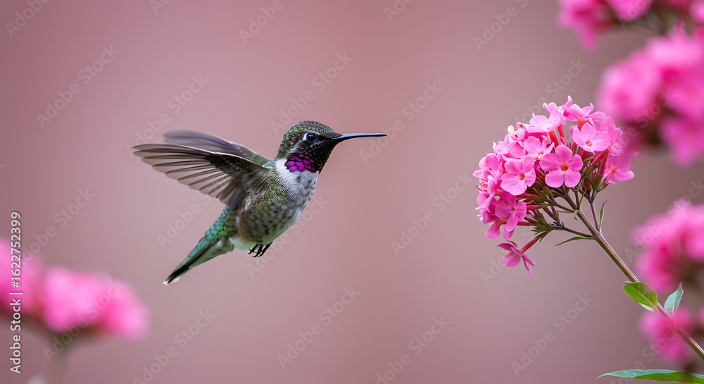 Fototapeta premium Hummingbird feeding on vibrant pink blossoms, capturing delicate motion and natural beauty in a serene floral environment