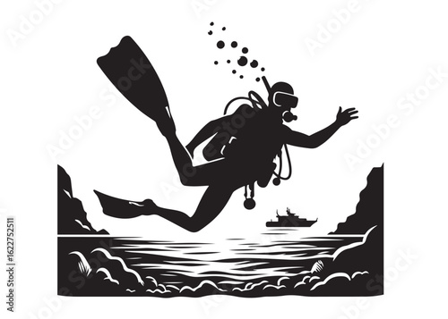 scuba diving logo silhouette vector, scuba driver vector logo silhouette design, scuba diver silhouette vector illustration, underwater scuba diving logo vector silhouette on white background