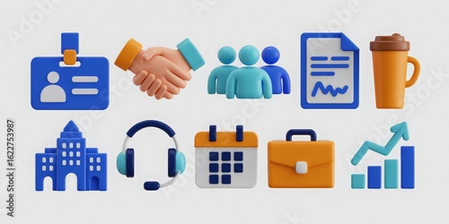 Set of 10 3D human resources and office icons on a white background, ideal for company websites, presentations, and HR materials