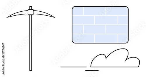 Pickaxe leaning upright, light blue brick wall, and minimalist cloud. Ideal for mining, construction, labor, growth, foundation-building resilience and productivity concepts. Simple flat metaphor