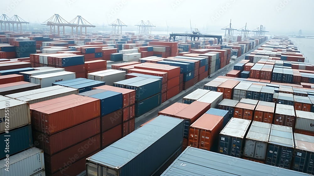 Fototapeta premium Geometrically arranged cargo containers viewed from an elevated perspective under overcast skies.