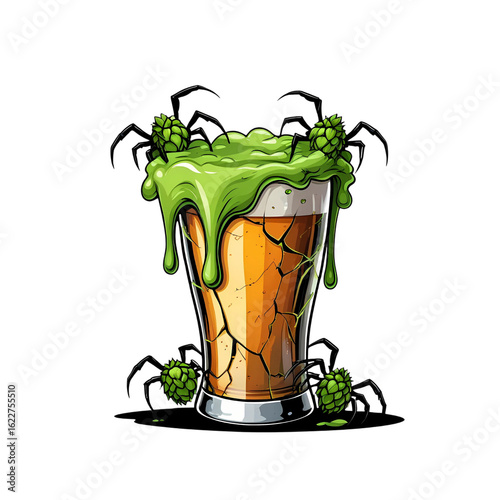 A sinister pint of beer with creeping hops and spider accents ideal for on transparent background