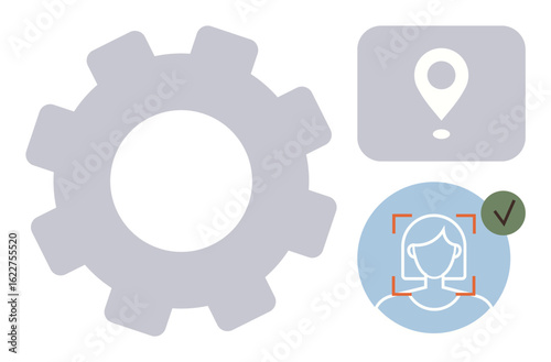 Gear represents settings, location pin suggests positioning, and facial recognition conveys identity verification. Ideal for tech, innovation, automation, personalization, security, navigation