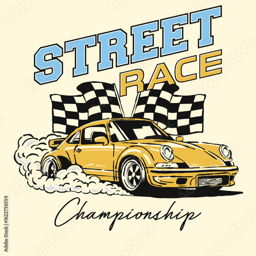 Sport car print design for t shirt print, street race, poster, sticker, background and other uses. Fast wheels challenge. California street race design. Road speed graphic print. Extreme racing.