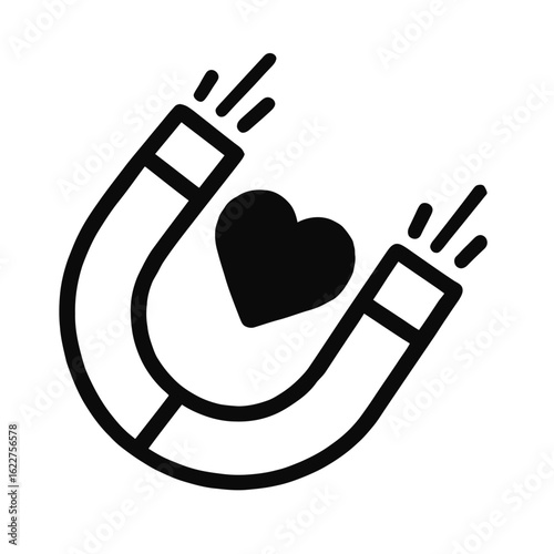Black and White Magnet with Heart Icon Vector - Attraction, Love, and Relationship Symbol