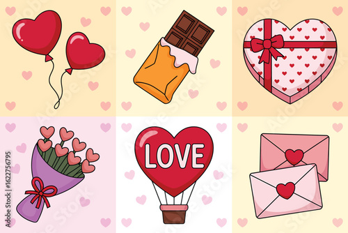 Romantic Valentines Day Icons Collection featuring heart shaped balloons chocolate candy box of chocolates flowers and love letters conveying affection and celebration