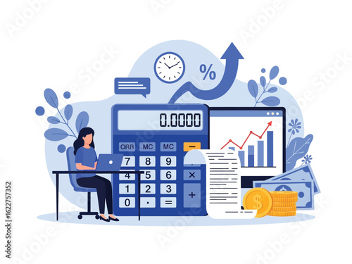 A female accountant at her desk analyzes financial growth using a calculator, laptop, and charts.