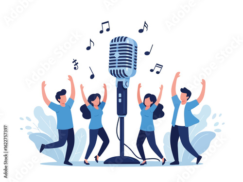 Happy people dancing and celebrating with music around a large vintage microphone.