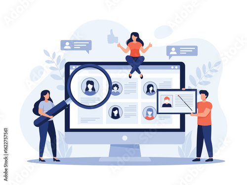 Human resources team searching for and selecting job candidates from an online database on a computer.