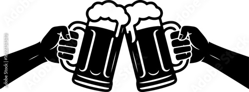 two hands clinking large beer steins together in a celebratory cheers pose