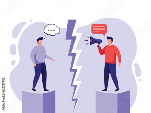 Two men are divided by a large crack, one shouting through a megaphone while the other stands unheard, illustrating a communication breakdown.