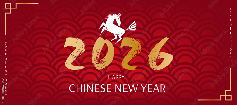 Naklejka premium Stylized horizontal poster or greeting card with horse. Minimalist symbol of 2026 Chinese New Year celebration. Year of the horse. Vector illustration