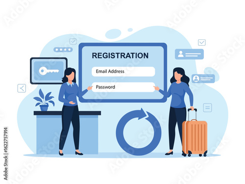 An illustration of two women using a large digital interface to complete an online registration form.