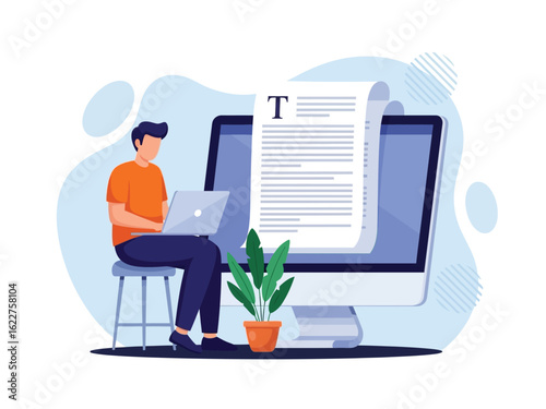A man sits on a stool typing on a laptop, creating a long digital document on a computer.
