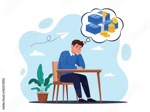 A worried man sits at a desk, dreaming about stacks of money and coins in a thought bubble.