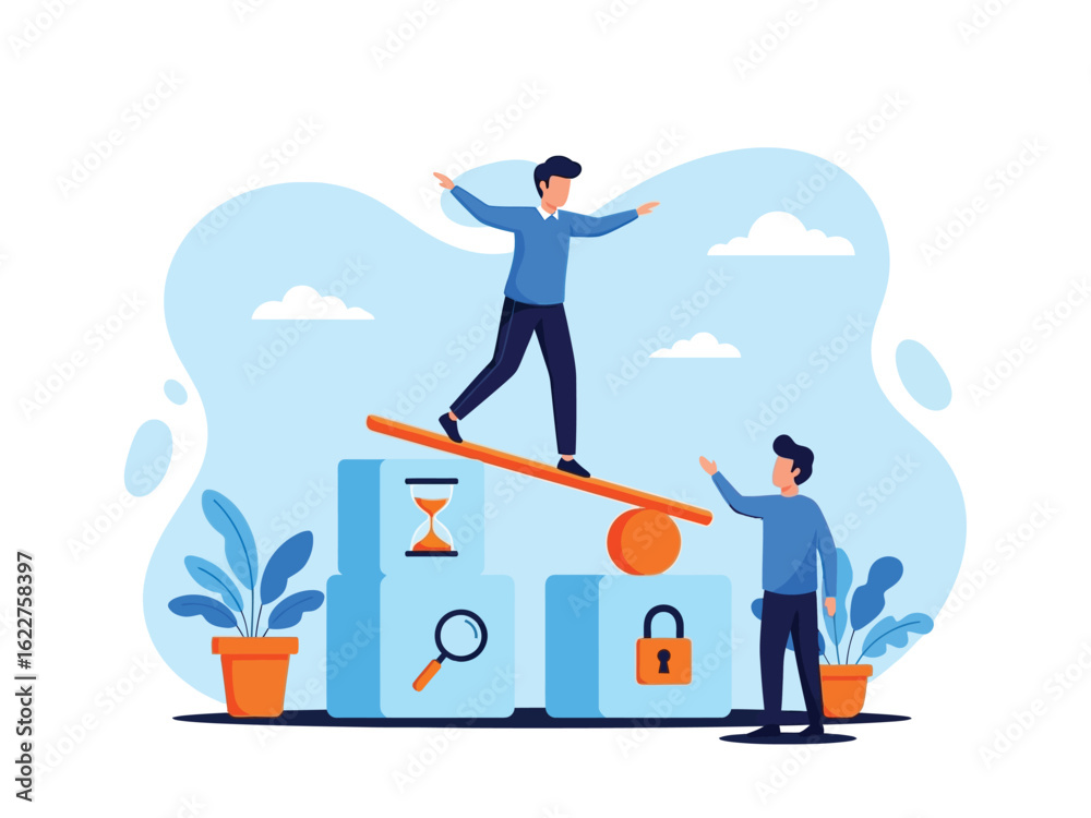 Obraz premium A man balances on a plank with support from a colleague, representing teamwork and stability.