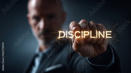 Man holds sparkler with the word discipline representing success and determination