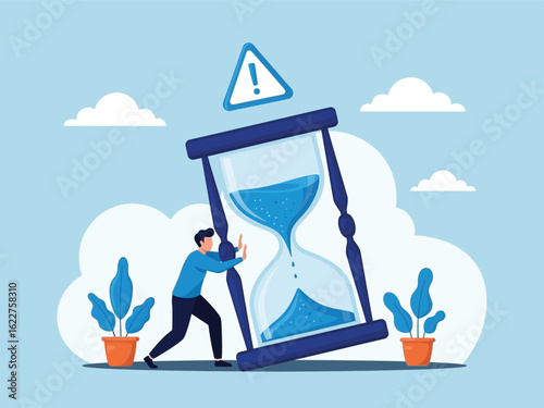 A man pushes against a large, tilting hourglass as time runs out, symbolizing pressure and urgency.