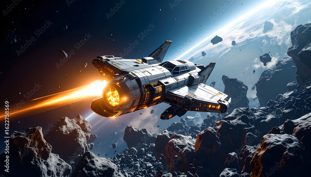 Fototapeta premium Spaceship traverses asteroid belt zone.