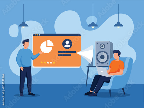 A man presents business data on a digital screen while another listens via a speaker and works on a laptop.