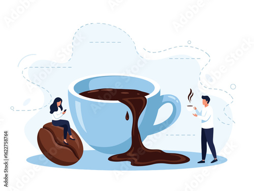 A woman on a giant coffee bean and a man with a cup next to an oversized, overflowing mug.