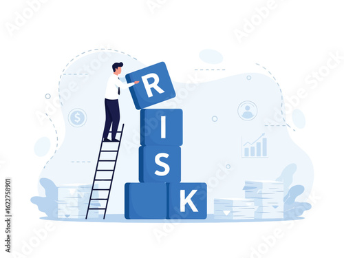 Businessman on a ladder stacking blue blocks to spell the word RISK, a business concept illustration.