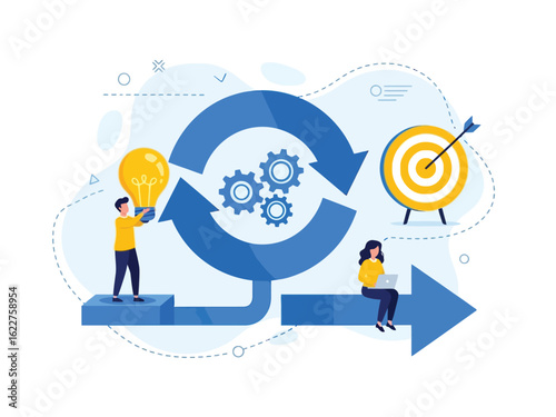 A business team follows an iterative workflow from an innovative idea to achieving a target goal.
