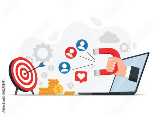 A hand with a magnet from a laptop attracts users, likes, and money, symbolizing digital marketing success.