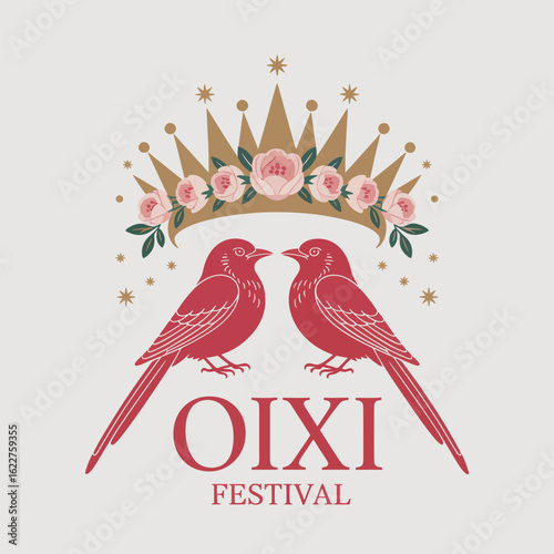 Oixi Festival crowned lovebirds vector design, romantic Chinese celebration, poster greeting card, unique creative illustration