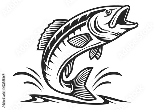 Energetic Black and White Jumping Bass Fish Illustration jumping fish fishing