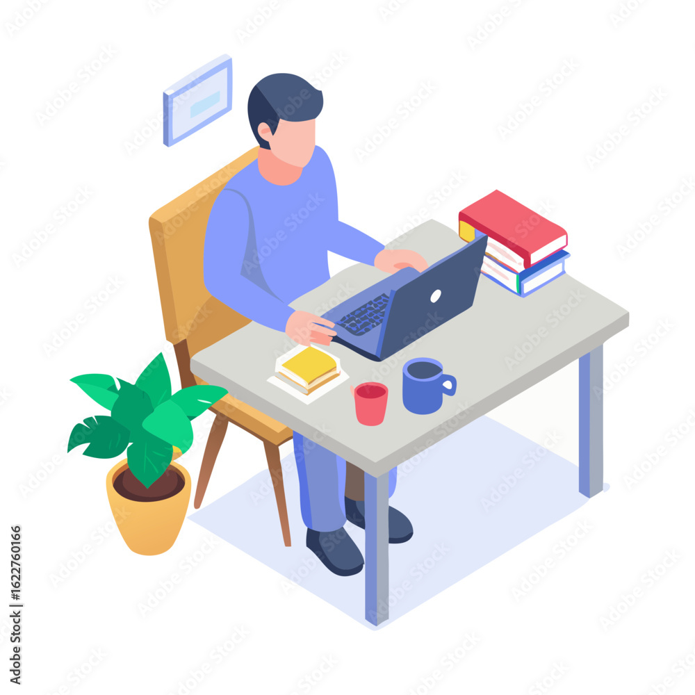 Fototapeta premium Illustration Of A Man Working On A Laptop At A Desk 