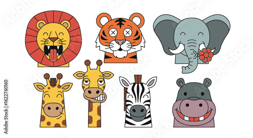 Illustration of a lion, tiger, elephant, two giraffes, zebra, and hippo with cartoonish facial features