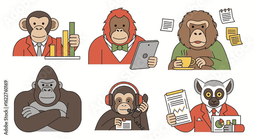Six primates in business attire doing office work and holding various objects in a cartoon style