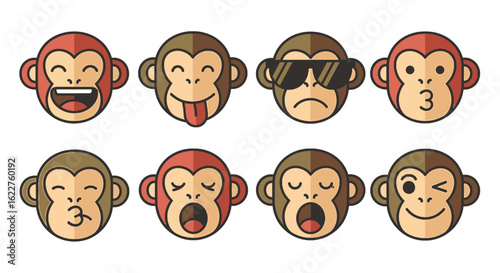 Collection of eight monkey faces displaying various emotions and expressions in a cartoon style design