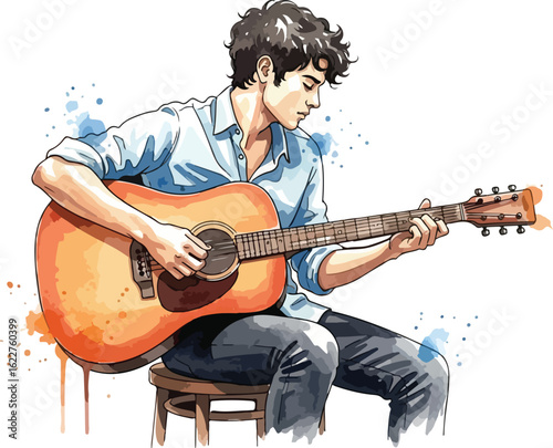 watercolor illustration of Musician with guitar