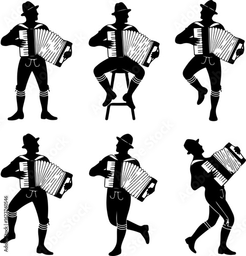 a musician playing an accordion in traditional Bavarian Oktoberfest attire 