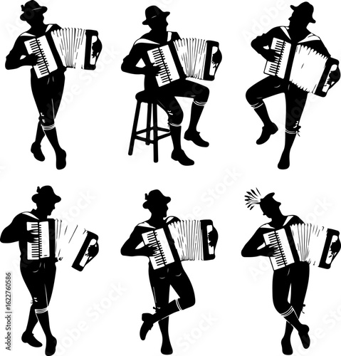 a musician playing an accordion in traditional Bavarian Oktoberfest attire 