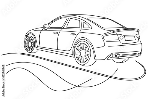 A detailed outline illustration of a modern sports sedan car executing a sharp drift. This dynamic black and white line art shows the vehicle skidding with tire marks.
