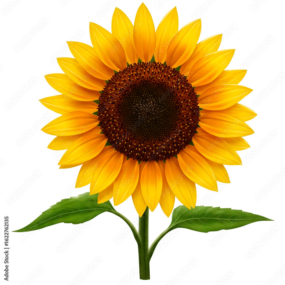 Obraz premium Vibrant Sunflower with Bright Yellow Petals and Dark Center on Green Stem, Isolated Floral Illustration