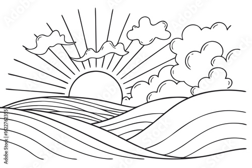 Black and white line art illustration of a scenic sunrise over rolling hills or ocean waves. A simple, hand-drawn nature landscape for coloring.