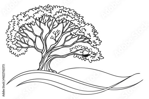 Stylized black and white drawing of a majestic, ancient tree rooted in a gentle landscape with flowing waves, representing wisdom, nature, and serene growth.