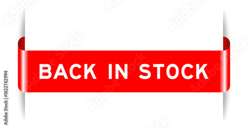 Foto Red color inserted label banner with word back in stock on white background