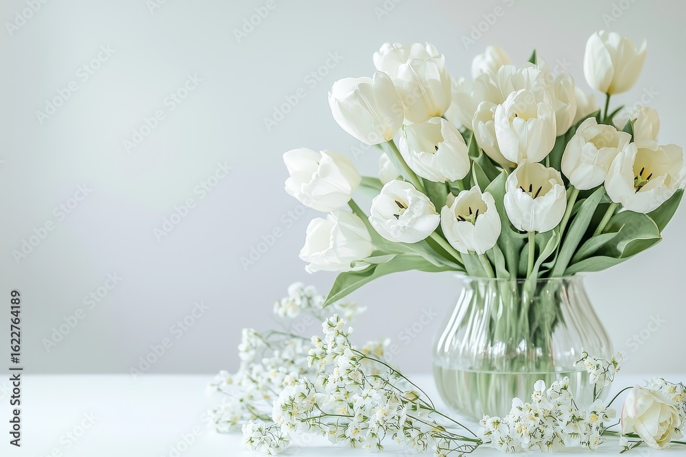 Obraz premium Vase of white tulips on all-white table with scattered flowers, simple elegant floral arrangement against neutral background