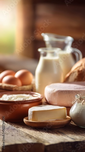 Assortment of fresh dairy products on wooden table, soft natural lighting
