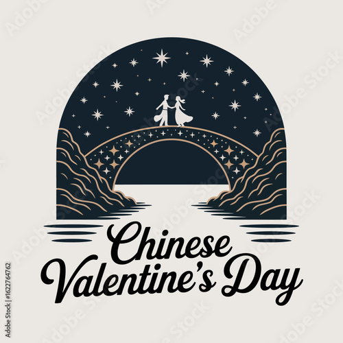 Chinese Valentines Day moonlit bridge, couple silhouette, magical romance, unique vector illustration for poster